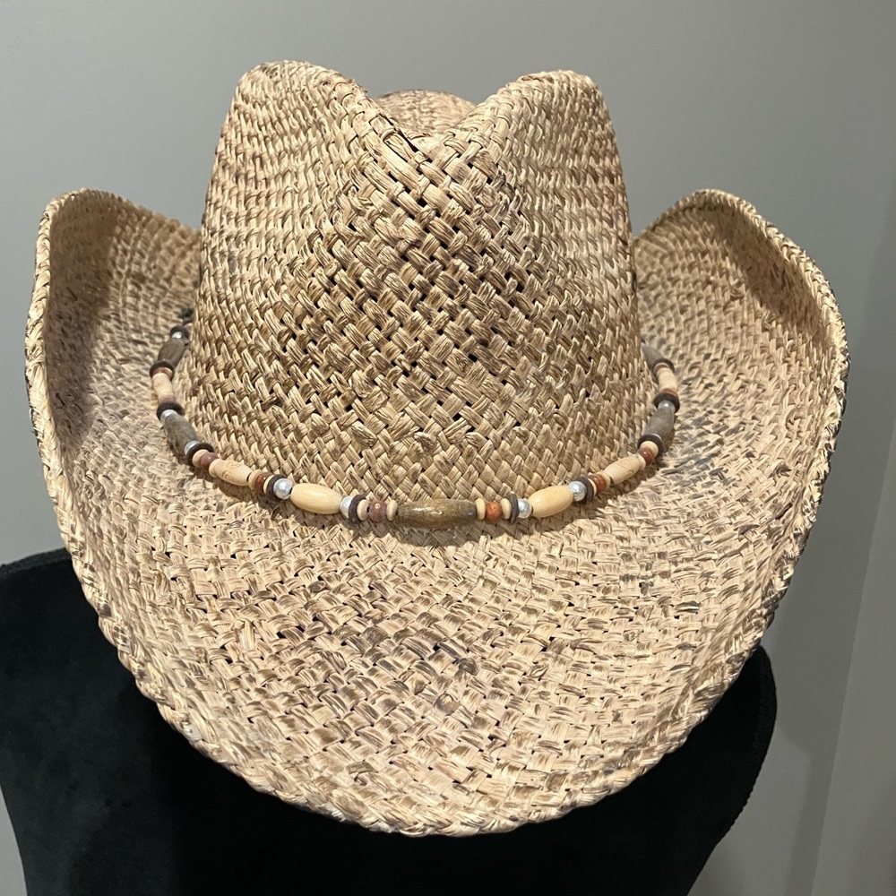 Tan Straw Cowboy Hat with Beaded Band